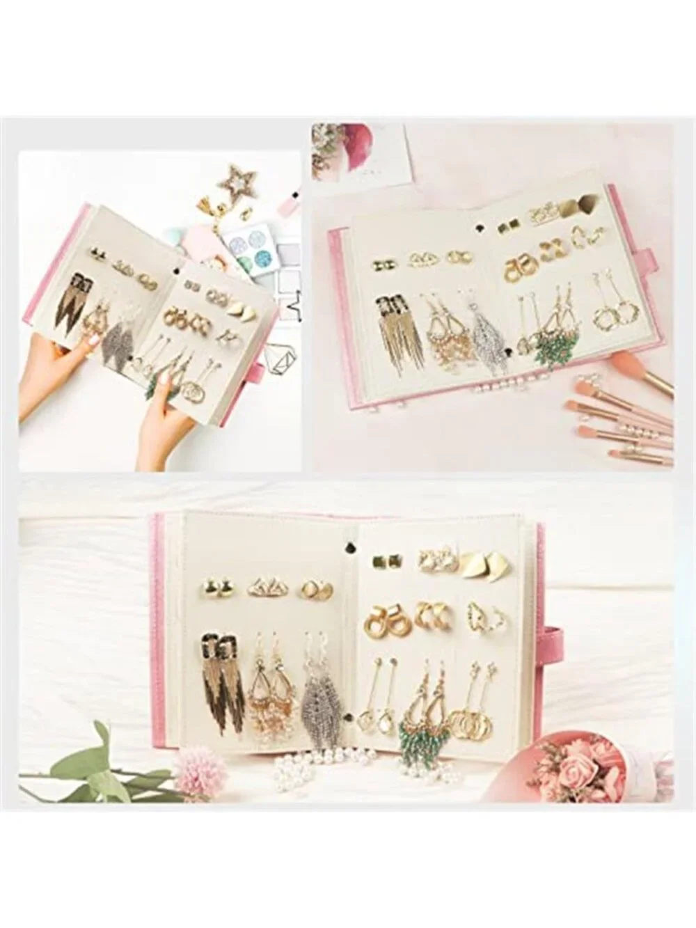 Pink Earring Organizer Book Holder Travel Case Faux Leather Holds 42 Pairs